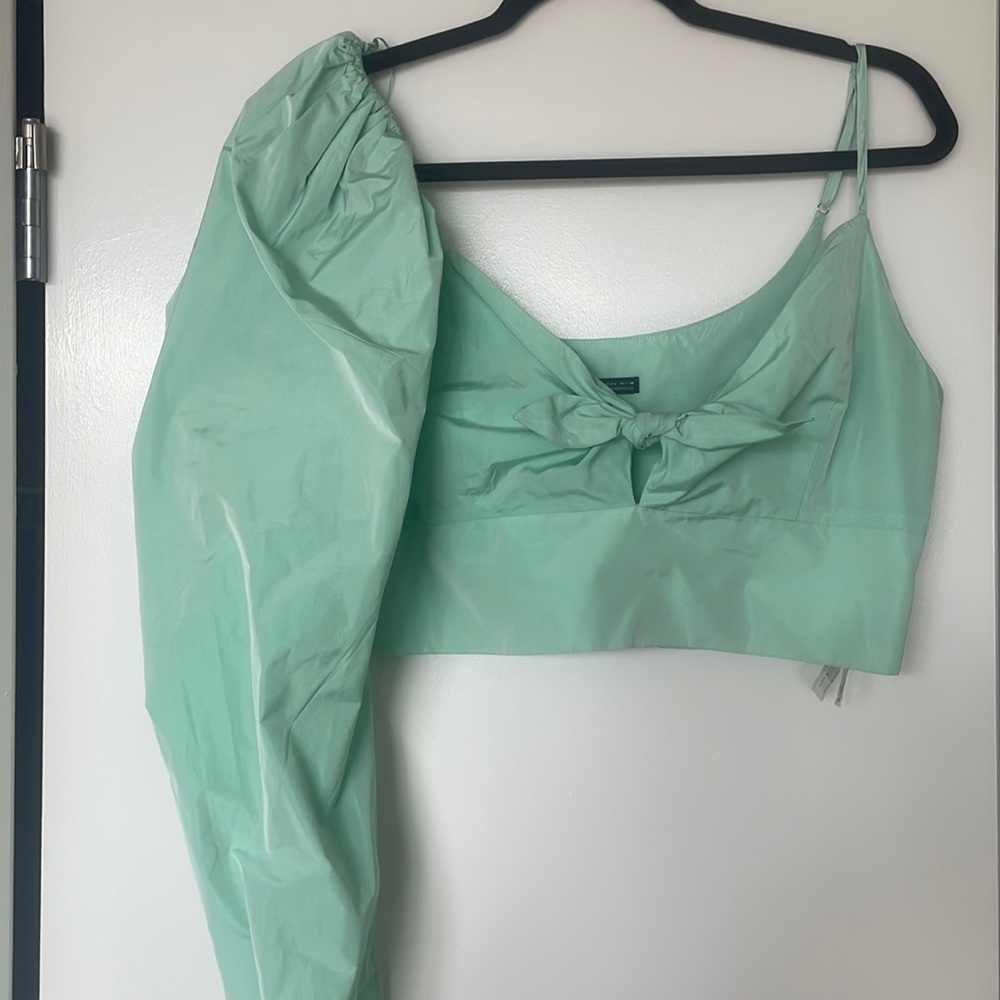 Teal one sleeve crop top with bow